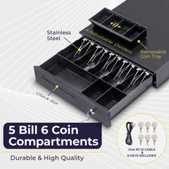 16'' Cash Register Drawer w/ 5 Bill 6 Coin Cash Tray, Auto-open, Black 16'' Cash Register Drawer w/ 5 Bill 6 Coin Cash Tray, Auto-open, Black