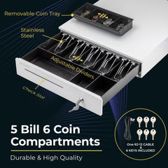 Cajón de caja registradora de 16'' con bandeja para efectivo de 5 billetes y 6 monedas, blanco  Cajón de caja registradora de 16'' con bandeja para efectivo de 5 billetes y 6 monedas, blanco