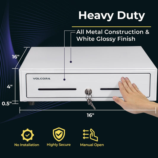 Cajón de caja registradora con apertura manual a presión de 16", blanco, 5 billetes/8 monedas