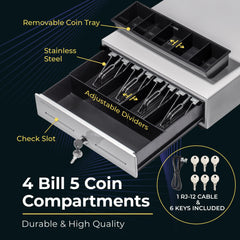 Mini cajón de caja registradora de 13'', 4 billetes y 5 monedas, blanco  Mini cajón de caja registradora de 13'', 4 billetes y 5 monedas, blanco
