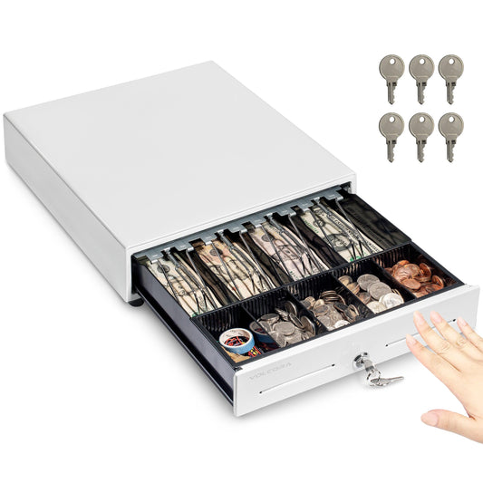 13" Manual Push Open Cash Register Drawer, Black, 4 Bills 5 Coin, Removable Slots