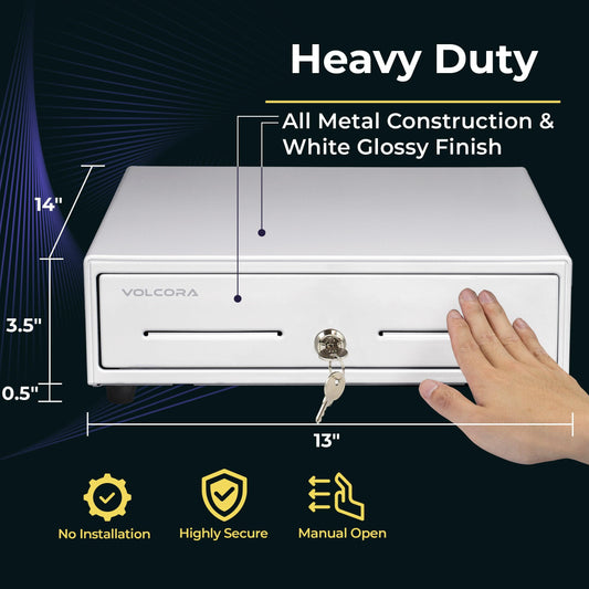 13" Manual Push Open Cash Register Drawer, Black, 4 Bills 5 Coin, Removable Slots