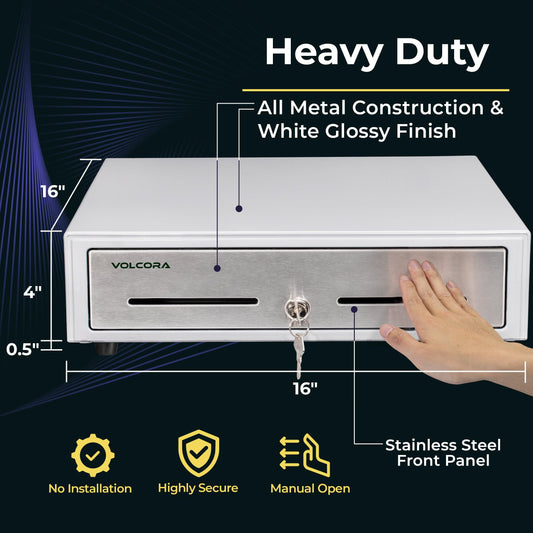 Cajón de caja registradora con apertura manual a presión de 16", blanco, 5 billetes/8 monedas, con frente de acero inoxidable