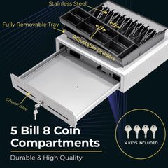 16" Manual Push Open Cash Register Drawer, White, 5 Bills/8 Coin, with Stainless Steel Front 16" Manual Push Open Cash Register Drawer, White, 5 Bills/8 Coin, with Stainless Steel Front