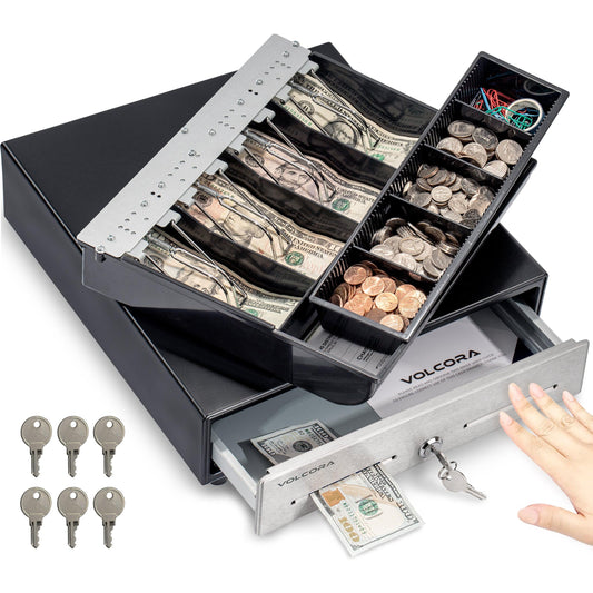13" Manual Push Open Cash Register Drawer, Black, 4 Bills and 5 Coin, Stainless Steel Front