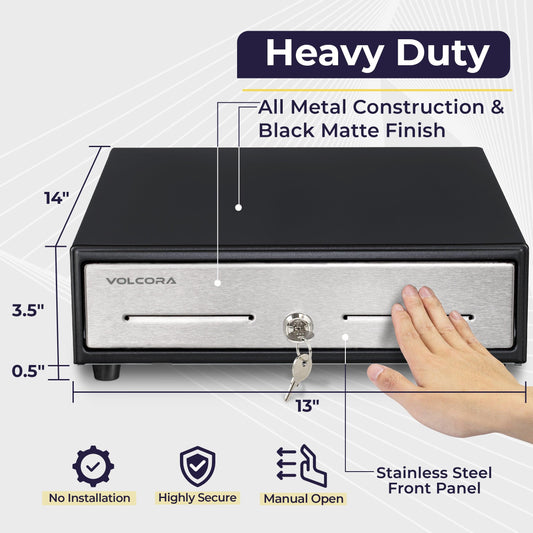 13" Manual Push Open Cash Register Drawer, Black, 4 Bills and 5 Coin, Stainless Steel Front