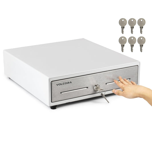 13" Manual Push Open Cash Register Drawer, White, 4 Bills and 5 Coin, Stainless Steel Front