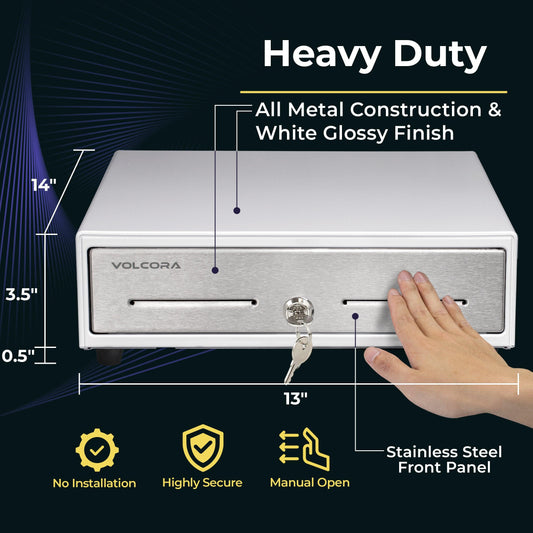 13" Manual Push Open Cash Register Drawer, White, 4 Bills and 5 Coin, Stainless Steel Front