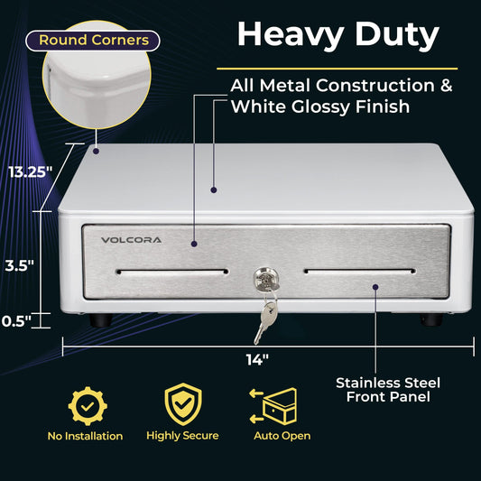 14'' Mini Cash Register Drawer with Round Edges 4 Bill 5 Coin Cash, White, with Stainless Steel Front