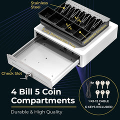 14'' Mini Cash Register Drawer with Round Edges 4 Bill 5 Coin Cash, White, with Stainless Steel Front 14'' Mini Cash Register Drawer with Round Edges 4 Bill 5 Coin Cash, White, with Stainless Steel Front