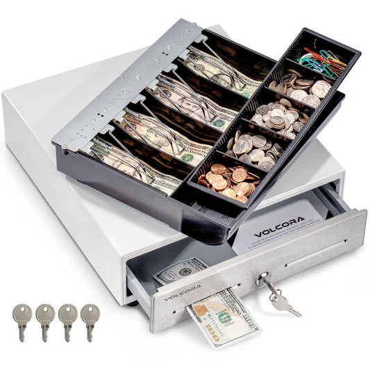 13'' Mini Cash Register Drawer, 4 Bill/5 Coin, White, With Stainless Steel Front