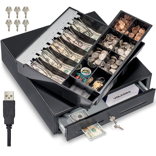 16'' USB Cash Register Drawer, 5 Bill/8 Coin Removable Cash Tray, Black, Not for Square