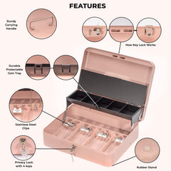 Cash Box with Key Lock - Steel Tiered Money Coin Tray with Lid Cover and Bill Slots Cash Box with Key Lock - Steel Tiered Money Coin Tray with Lid Cover and Bill Slots