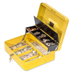 Cash Box with Key Lock - Steel Tiered Money Coin Tray with Lid Cover and Bill Slots Cash Box with Key Lock - Steel Tiered Money Coin Tray with Lid Cover and Bill Slots