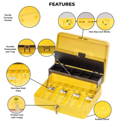 Cash Box with Key Lock - Steel Tiered Money Coin Tray with Lid Cover and Bill Slots Cash Box with Key Lock - Steel Tiered Money Coin Tray with Lid Cover and Bill Slots