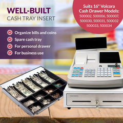16'' Cash Drawer Tray - 14.1 x 13 x 2.5 Inch Cash Register Insert - 5 Bill / 8 Coin Replacement Cash Tray - Stainless Steel Currency Compartment - For Volcora 16'' Cash Registers with Fully Removable Tray - Volcora 16'' Cash Drawer Tray - 14.1 x 13 x 2.5 Inch Cash Register Insert - 5 Bill / 8 Coin Replacement Cash Tray - Stainless Steel Currency Compartment - For Volcora 16'' Cash Registers with Fully Removable Tray - Volcora