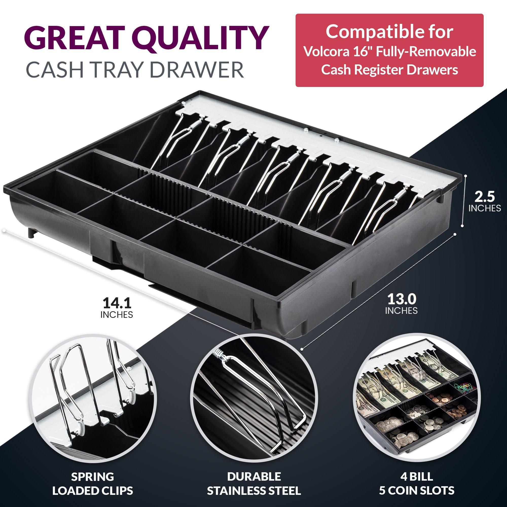 16'' Cash Drawer Tray - 14.1 x 13 x 2.5 Inch Cash Register Insert - 5 Bill / 8 Coin Replacement Cash Tray - Stainless Steel Currency Compartment - For Volcora 16'' Cash Registers with Fully Removable Tray - Volcora 16'' Cash Drawer Tray - 14.1 x 13 x 2.5 Inch Cash Register Insert - 5 Bill / 8 Coin Replacement Cash Tray - Stainless Steel Currency Compartment - For Volcora 16'' Cash Registers with Fully Removable Tray - Volcora