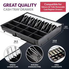 16'' Cash Drawer Tray - 14.1 x 13 x 2.5 Inch Cash Register Insert - 5 Bill / 8 Coin Replacement Cash Tray - Stainless Steel Currency Compartment - For Volcora 16'' Cash Registers with Fully Removable Tray - Volcora 16'' Cash Drawer Tray - 14.1 x 13 x 2.5 Inch Cash Register Insert - 5 Bill / 8 Coin Replacement Cash Tray - Stainless Steel Currency Compartment - For Volcora 16'' Cash Registers with Fully Removable Tray - Volcora
