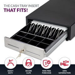 16'' Cash Drawer Tray - 14.1 x 13 x 2.5 Inch Cash Register Insert - 5 Bill / 8 Coin Replacement Cash Tray - Stainless Steel Currency Compartment - For Volcora 16'' Cash Registers with Fully Removable Tray - Volcora 16'' Cash Drawer Tray - 14.1 x 13 x 2.5 Inch Cash Register Insert - 5 Bill / 8 Coin Replacement Cash Tray - Stainless Steel Currency Compartment - For Volcora 16'' Cash Registers with Fully Removable Tray - Volcora