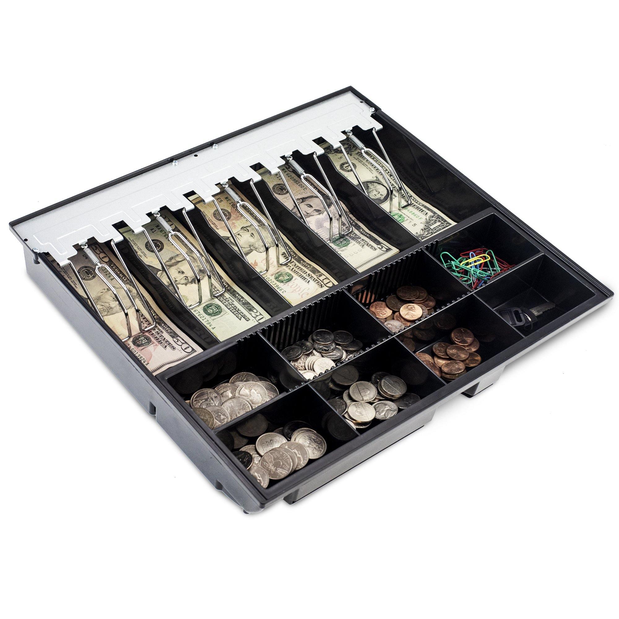 16'' Cash Drawer Tray - 14.1 x 13 x 2.5 Inch Cash Register Insert - 5 Bill / 8 Coin Replacement Cash Tray - Stainless Steel Currency Compartment - For Volcora 16'' Cash Registers with Fully Removable Tray - Volcora 16'' Cash Drawer Tray - 14.1 x 13 x 2.5 Inch Cash Register Insert - 5 Bill / 8 Coin Replacement Cash Tray - Stainless Steel Currency Compartment - For Volcora 16'' Cash Registers with Fully Removable Tray - Volcora