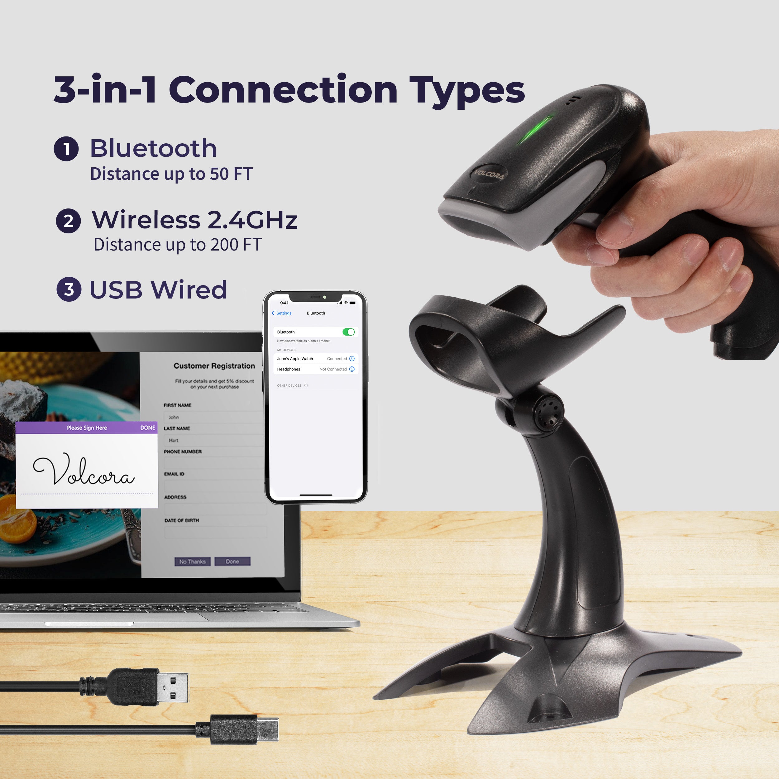 2D Wireless BT+2.4G Barcode Scanner with Stand - V-LHHBS-A1