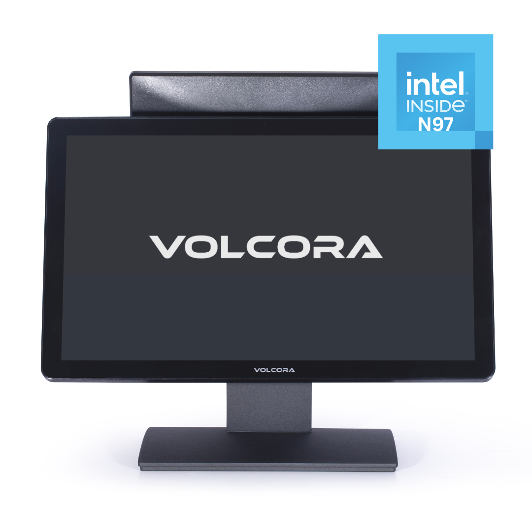 Monitor with Volcora branding and Intel Inside badge on a white background