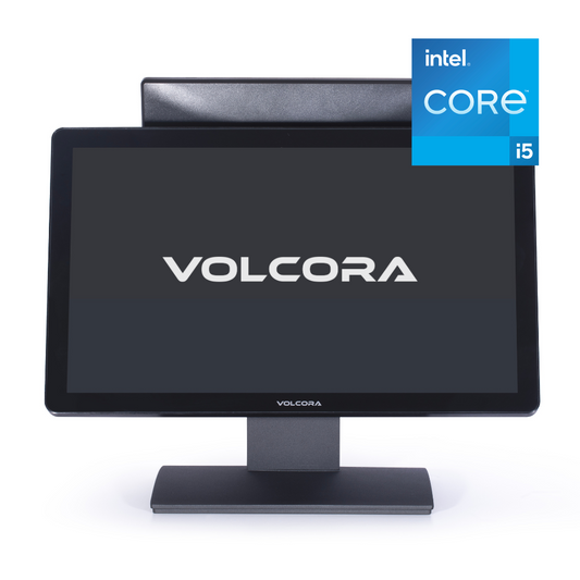 Black computer monitor with Volcora branding and Intel Core i5 badge on a white background
