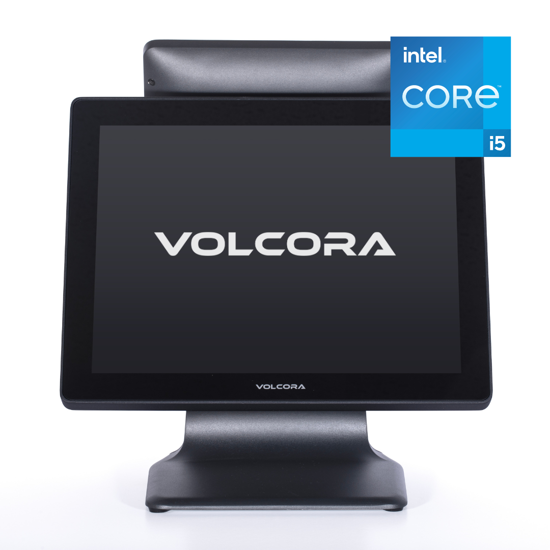 Black Volcora POS terminal with Intel Core i5 badge on a white background