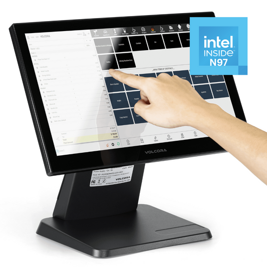 Touchscreen computer with a hand interacting with the screen, featuring Intel Inside N97 logo.