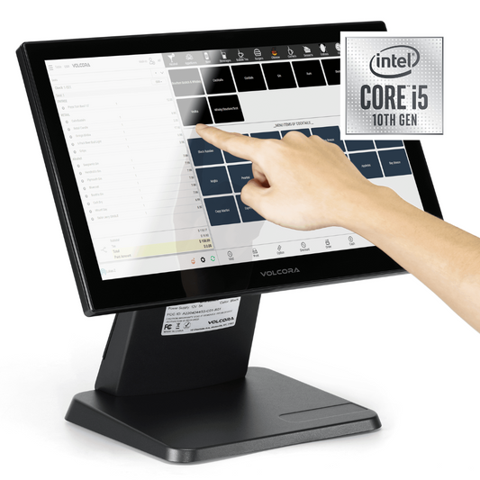 Touchscreen computer with a hand interacting with the screen, featuring Intel Core i5 branding.