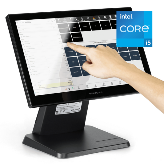Touchscreen computer with a hand interacting with the screen, featuring Intel Core i5 logo.