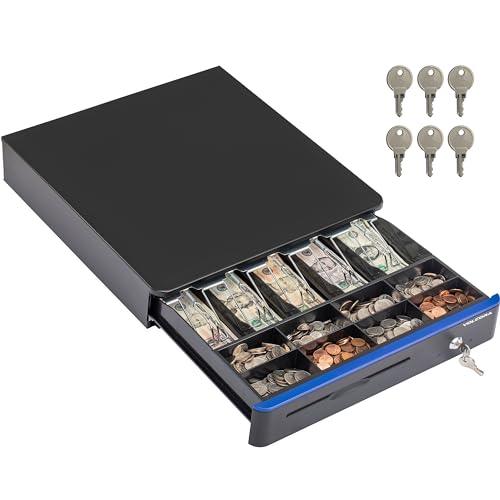 Cajón para efectivo de 16" con esquina frontal redondeada, bandeja para efectivo de 5 billetes y 8 monedas, apertura automática, solo compartimento para monedas extraíble 