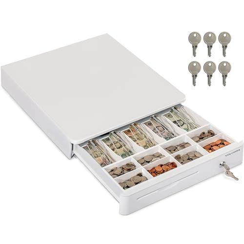 Cajón para efectivo de 16" con esquina frontal redondeada, bandeja para efectivo de 5 billetes y 8 monedas, apertura automática, solo compartimento para monedas extraíble 