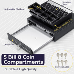 Cajón de caja registradora con apertura manual a presión de 16", negro, 5 billetes/8 monedas 