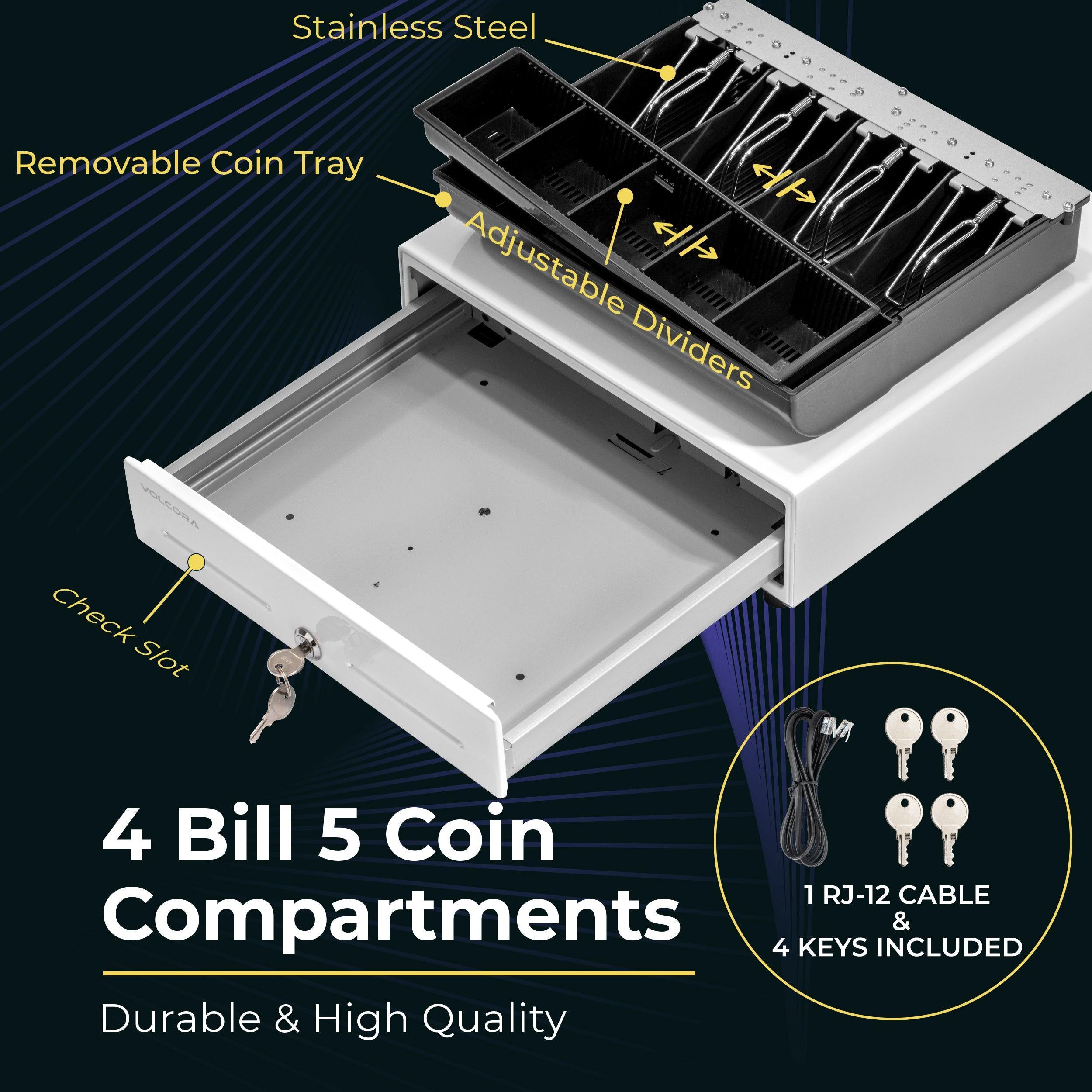 Volcora 13" Cash Register Drawer For Point Of Sale POS System Black Stainless Steel Front Fully Removable 2 Tier Cash Tray 4 Bill 5 Coin 24v Rj11 Rj12 Key Lo