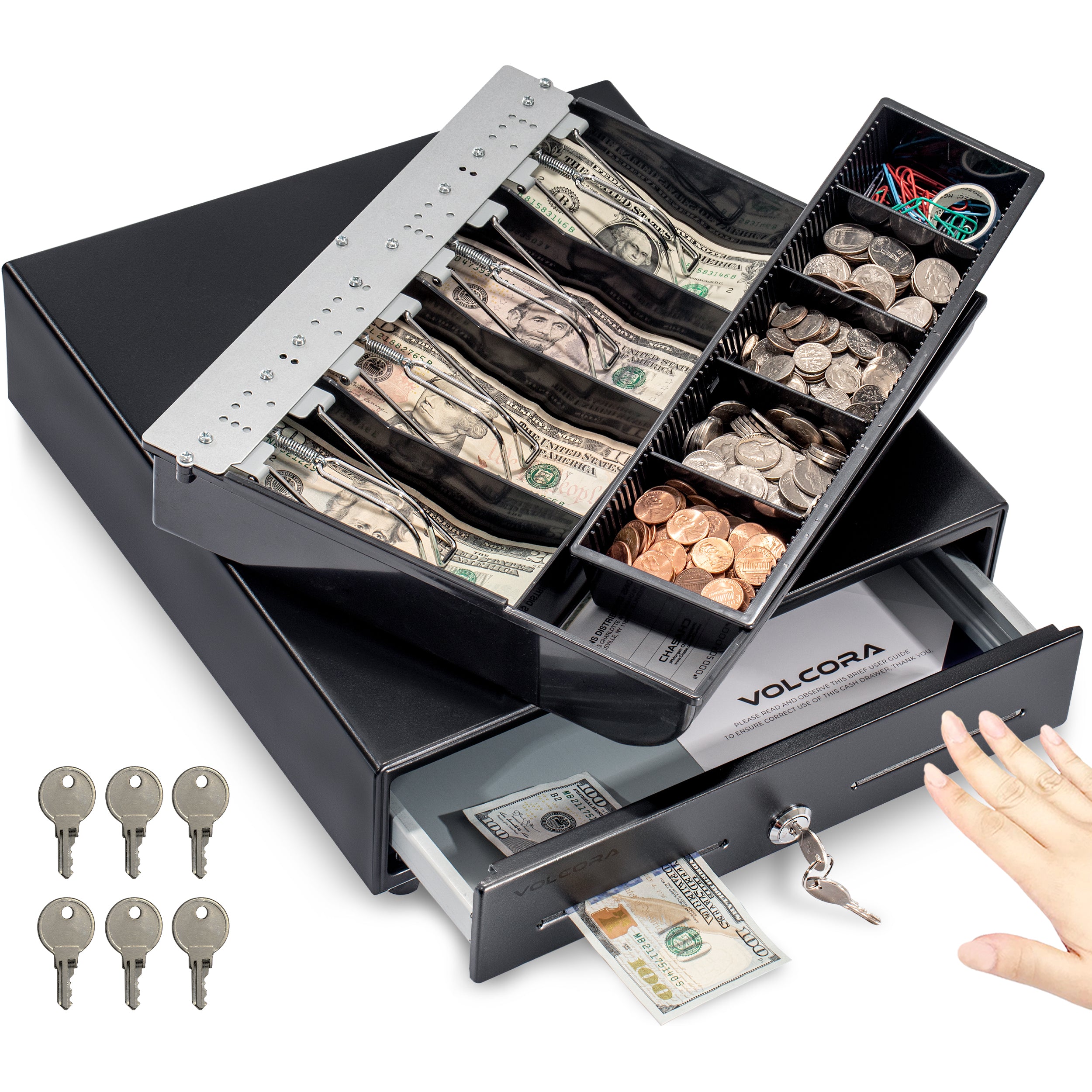Cajón de caja registradora con apertura manual a presión de 13", negro, 4 billetes y 5 monedas