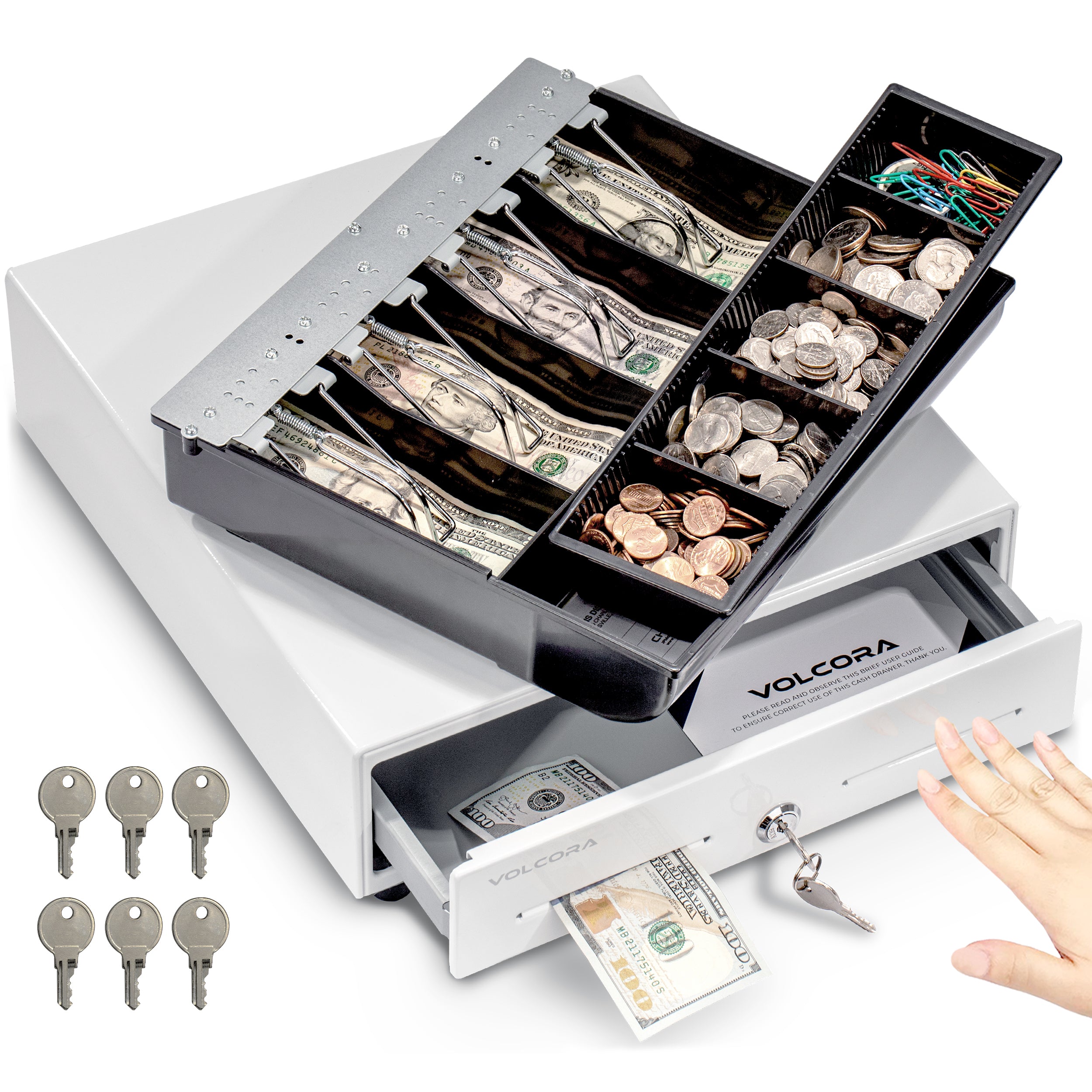 Cajón de caja registradora con apertura manual a presión de 13", blanco, 4 billetes y 5 monedas 