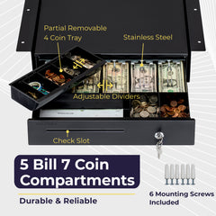 Cajón de caja registradora de 16'' con bandeja para efectivo de 5 billetes y 7 monedas, apertura automática, negro 
