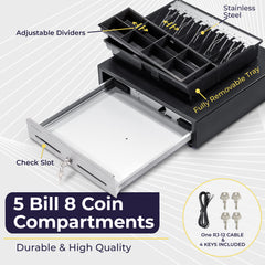 Cajón de caja registradora con apertura manual a presión de 16", negro, 5 billetes/8 monedas, con frente de acero inoxidable 