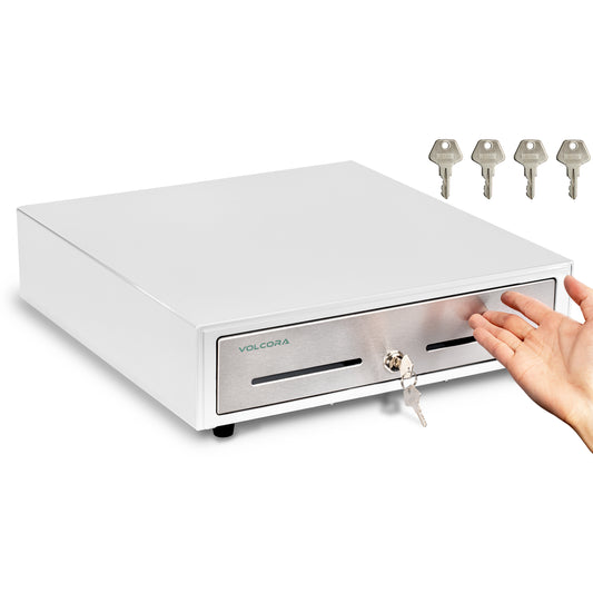 16" Manual Push Open Cash Register Drawer, White, 5 Bills/8 Coin, with Stainless Steel Front