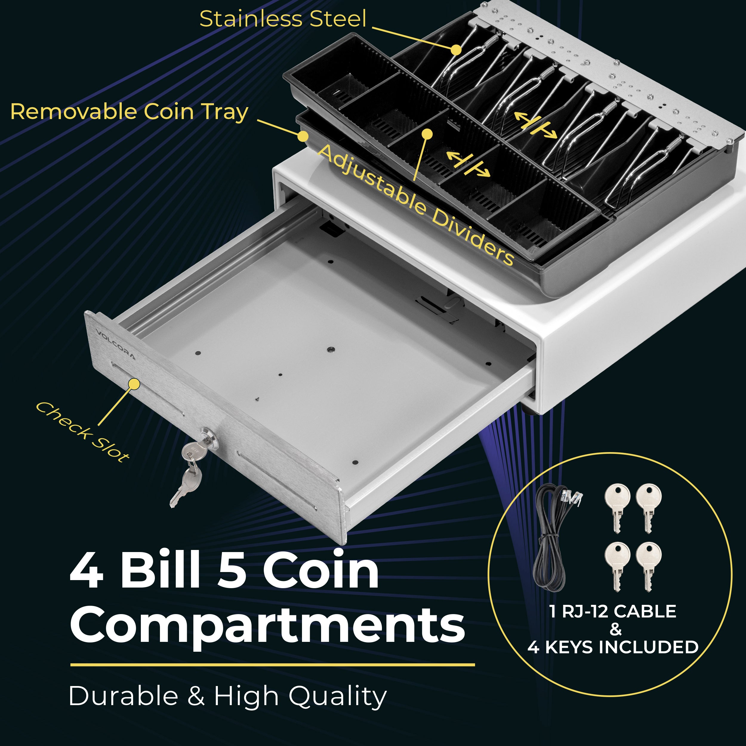 13" Manual Push Open Cash Register Drawer, White, 4 Bills and 5 Coin, Stainless Steel Front