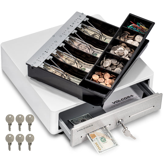 Mini cajón de caja registradora de 14'' con bordes redondos, 4 billetes y 5 monedas, blanco, con frente de acero inoxidable 2500