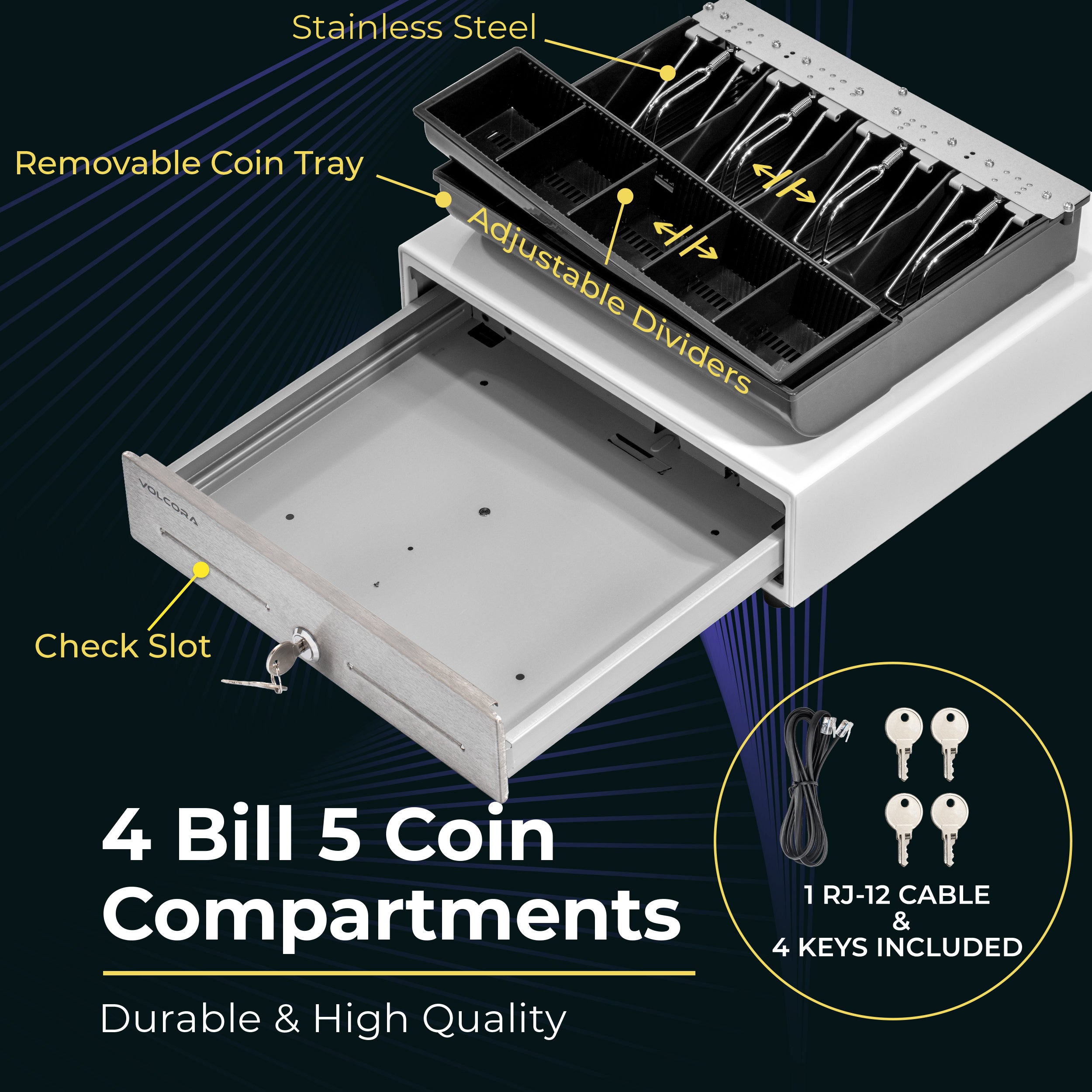 13'' Mini Cash Register Drawer, 4 Bill/5 Coin, White, With Stainless Steel Front