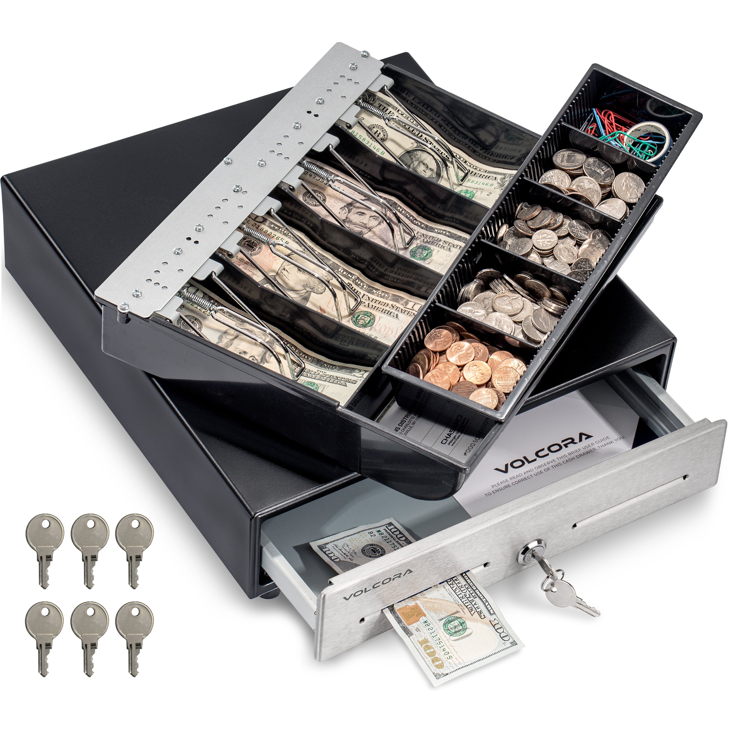 Mini cajón de caja registradora de 13'', 4 billetes/5 monedas, negro, frente de acero inoxidable, bandejas de efectivo totalmente extraíbles