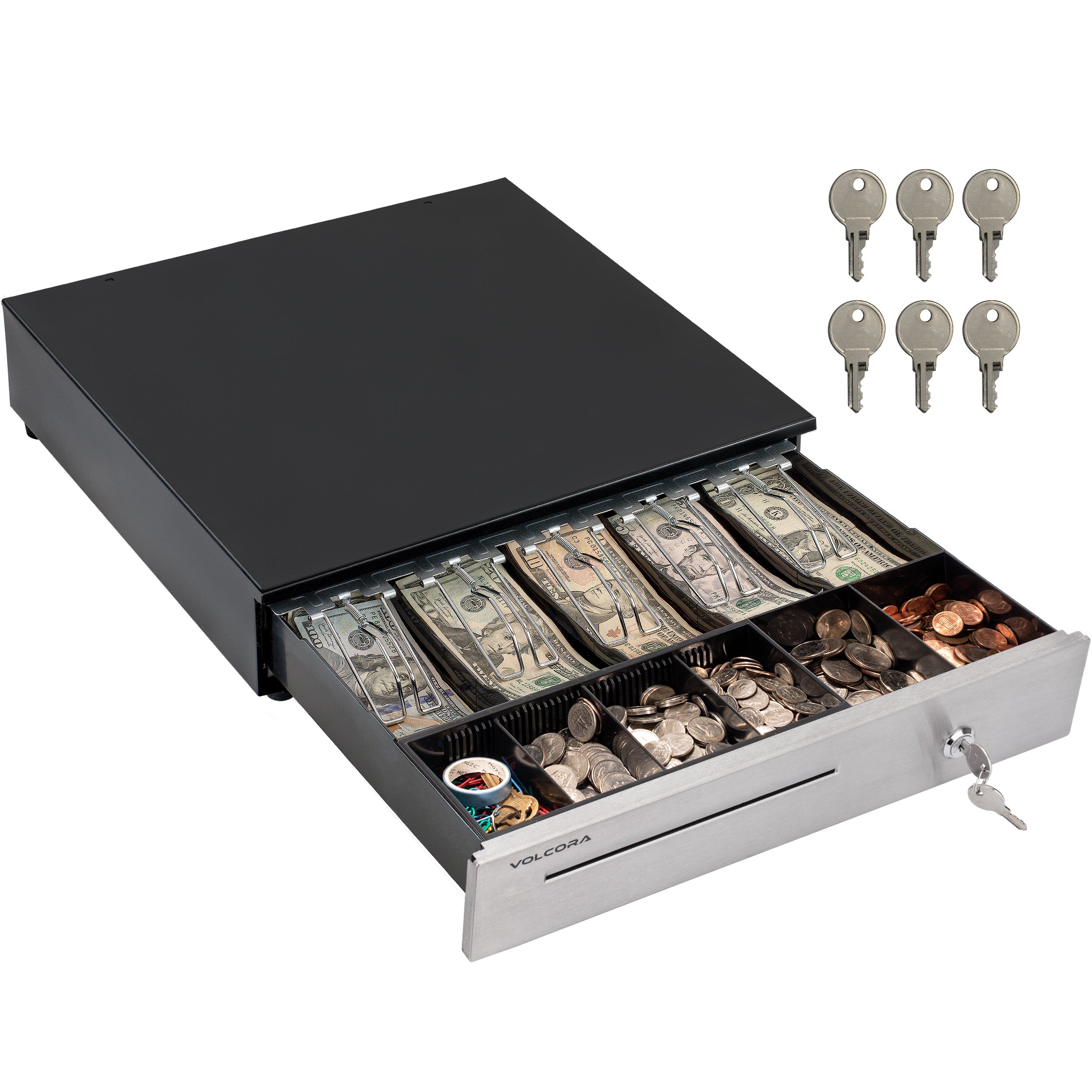 Cajón de caja registradora de 16'' con bandeja para efectivo de 5 billetes y 6 monedas, apertura automática, negro, con frente de acero inoxidable