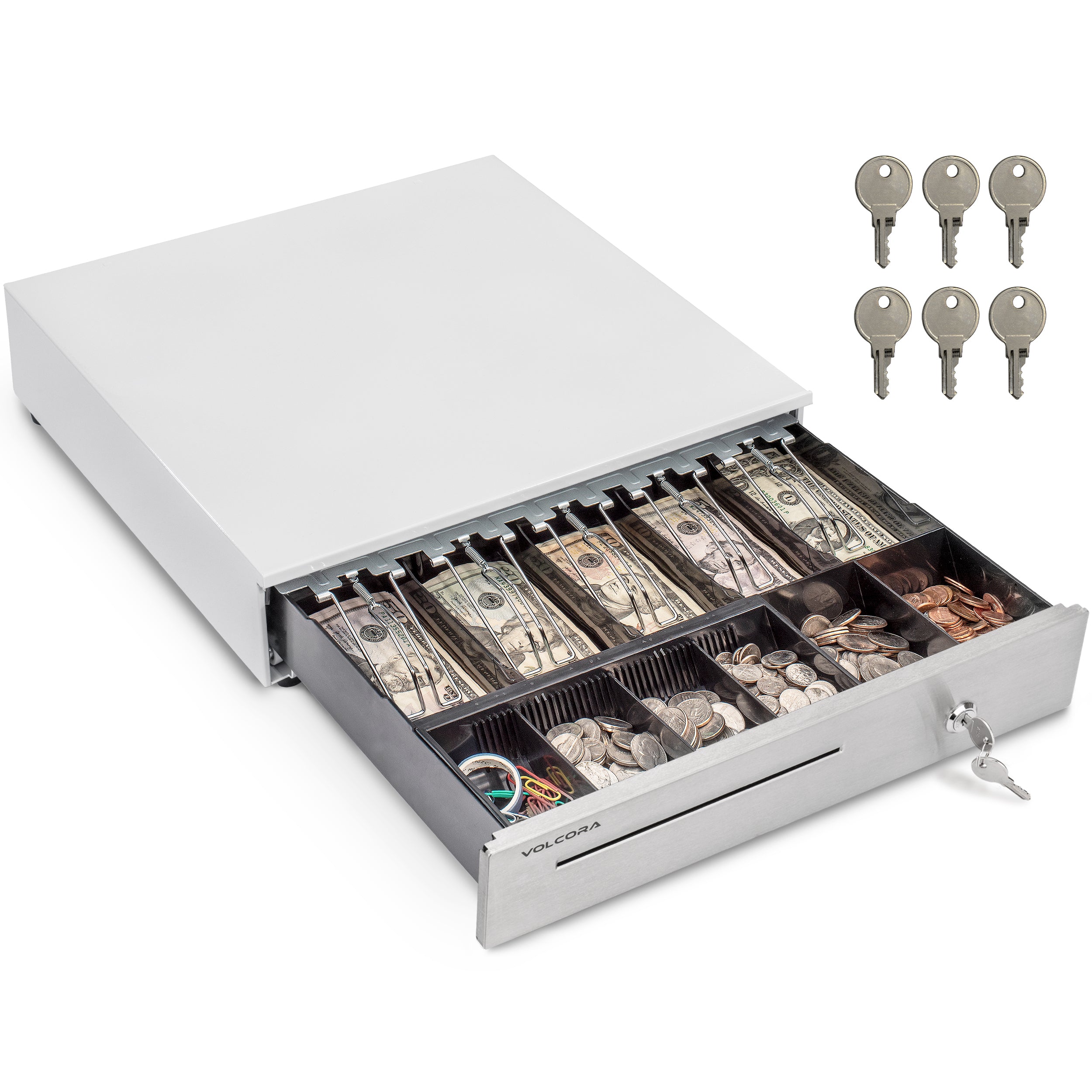 16'' Cash Register Drawer with 5 Bill 6 Coin Cash Tray, White with Stainless Steel Front