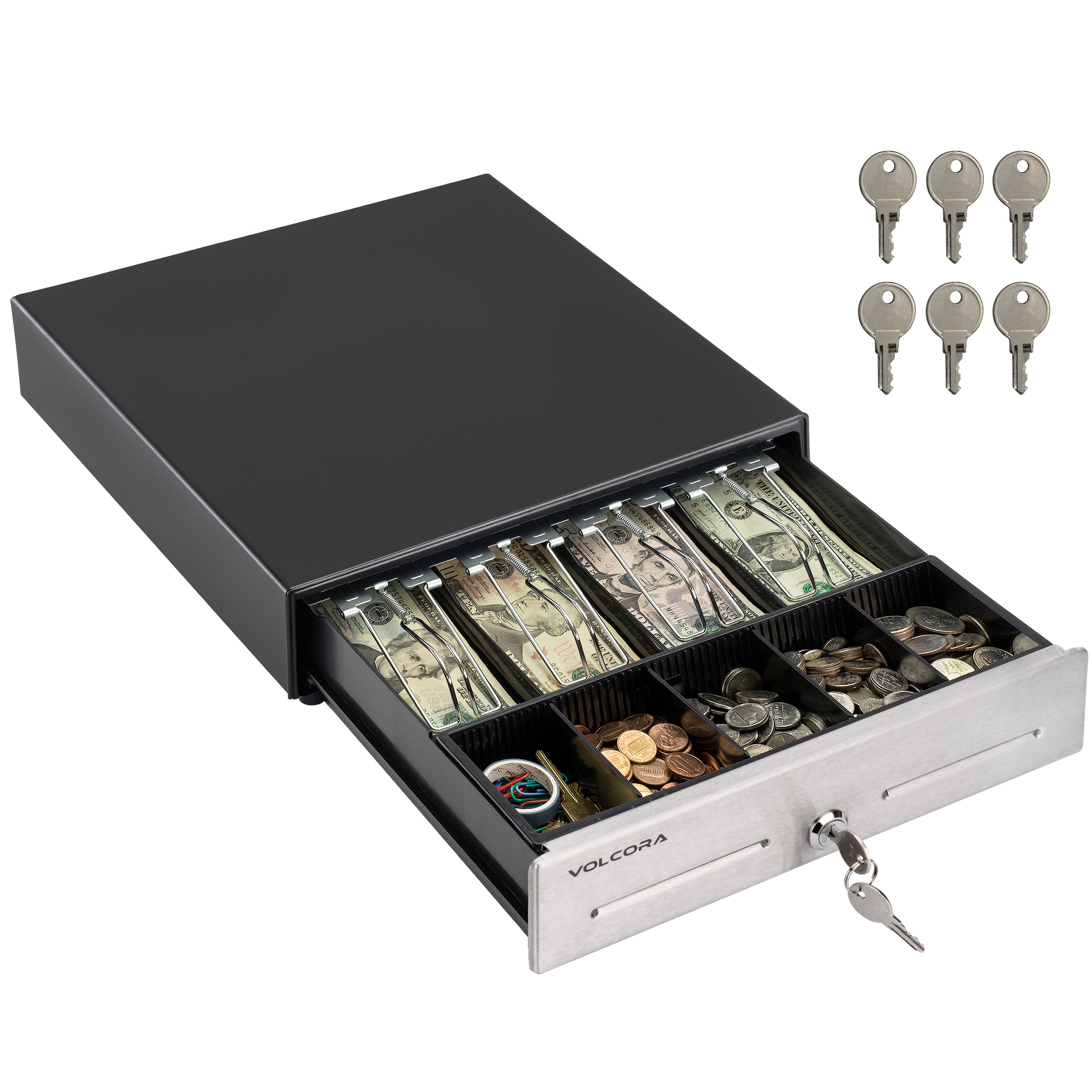Mini cajón de caja registradora de 13'' con bandeja para efectivo de 4 billetes y 5 monedas, cajones frontales de acero inoxidable, solo compartimento para monedas extraíble