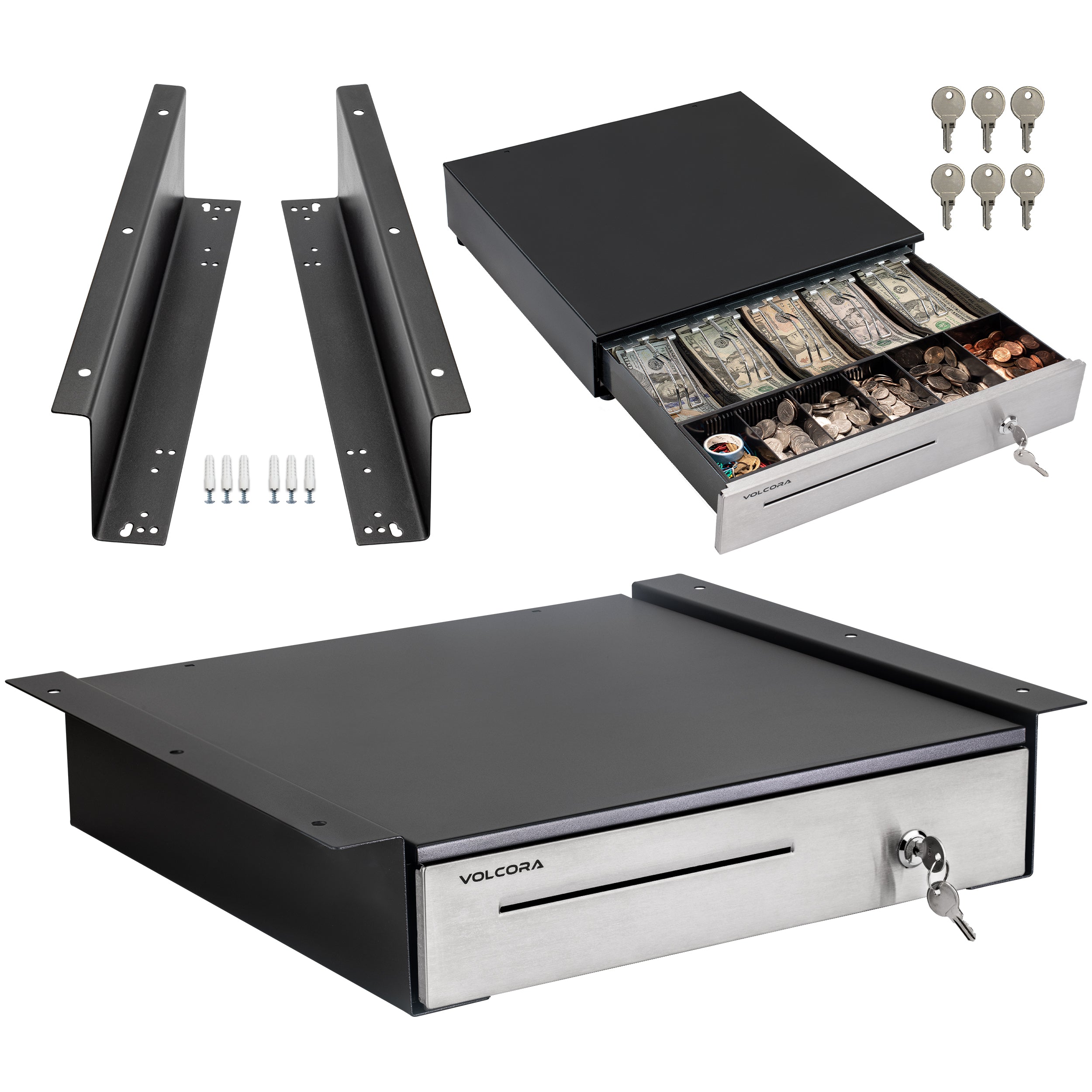16'' Cash Register Drawer w/ 5 Bill 6 Coin Cash Tray, Auto-open, Black, with Stainless Steel Front