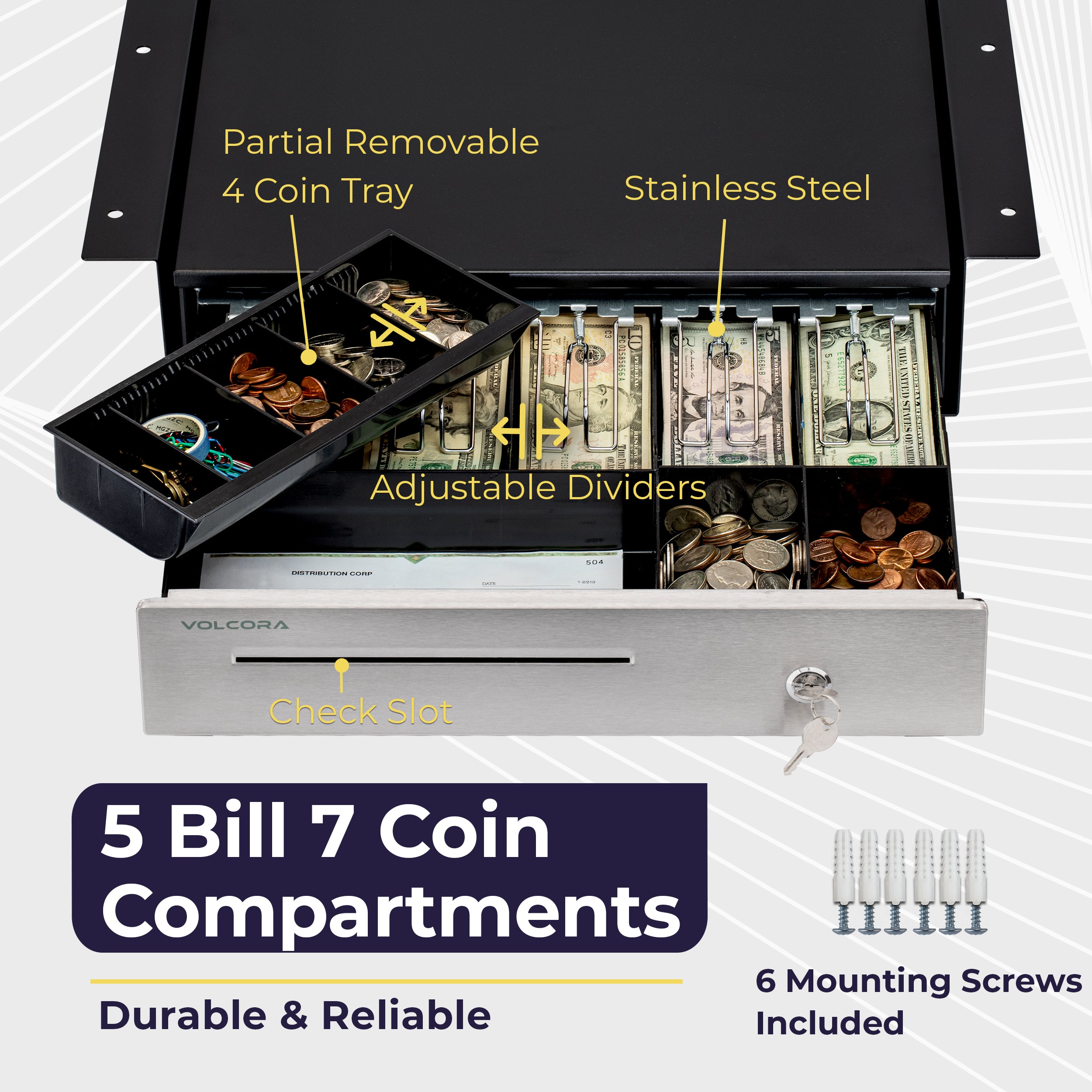 Cajón de caja registradora de 16'' con bandeja para efectivo de 5 billetes y 6 monedas, apertura automática, negro, con frente de acero inoxidable