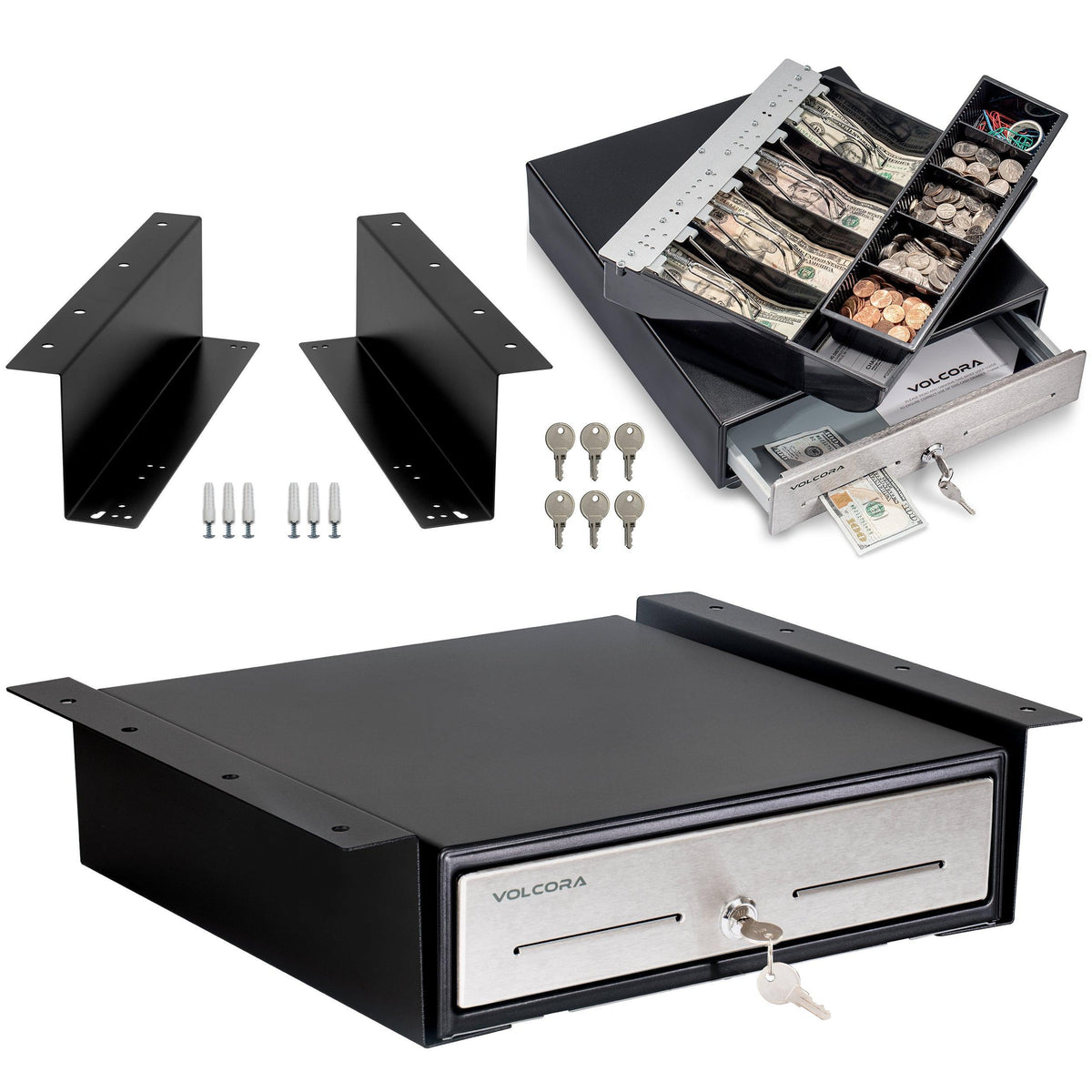 Buy [Refurbished] 13'' Mini Cash Register Drawer, 4 Bill/5 Coin, Black, Stainless Steel Front, Fully Removable Cash Trays online